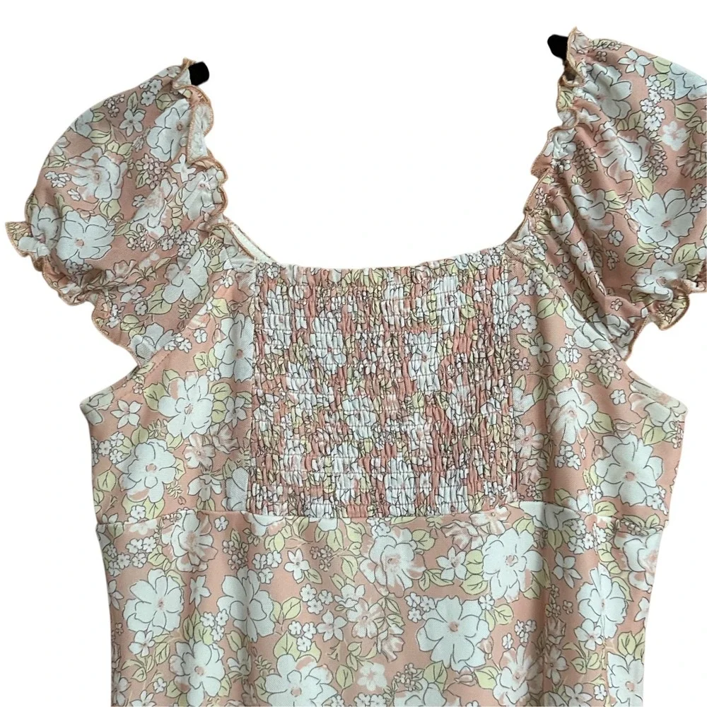RSQ Mini Dress Womens XL Peach Excellent Floral Mesh Smocked Puff Sleeve